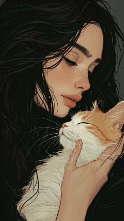 Hình nền điện thoại cô gái ôm chú mèo đẹp, dễ thương